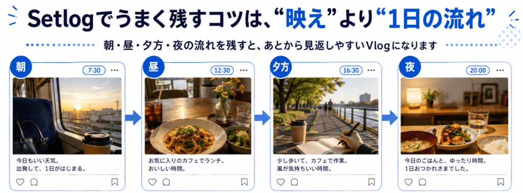 Setlogの4つの時間帯(朝、昼、夕方、夜)の生活の流れを示した図。各時間帯に合わせたアクティビティと食事が描かれている。